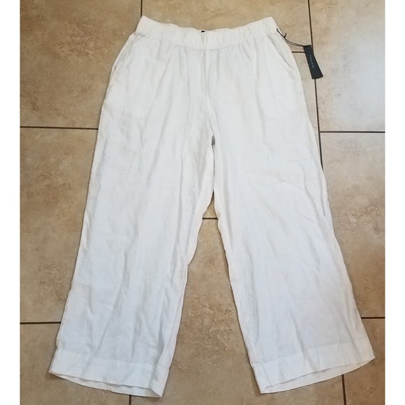 Tahari Pants Women Large L White 100% Linen Wide Leg PullOn Lagenlook Resort NEW